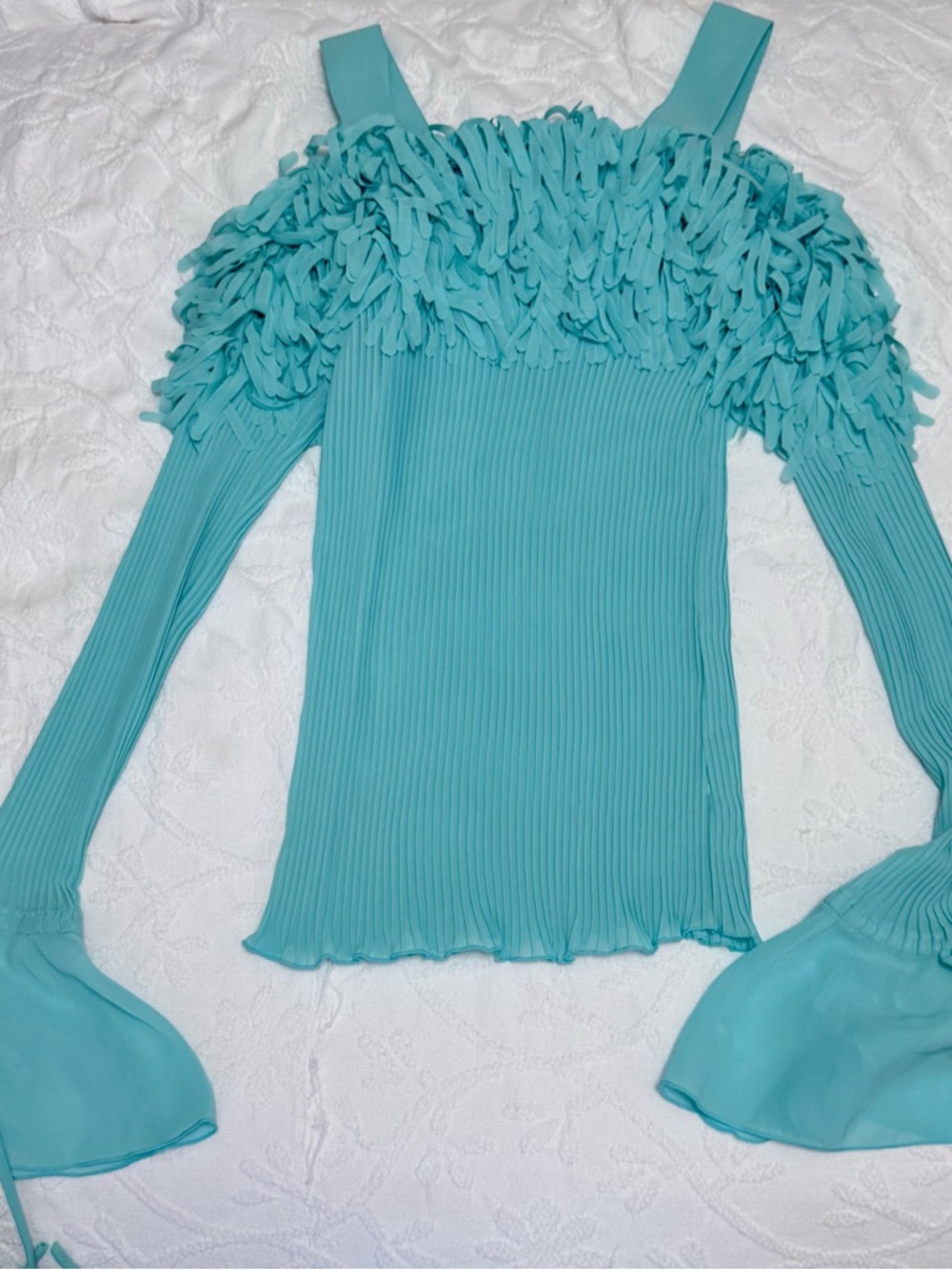 Aqua Fringe-Trim Long-Sleeve Ribbed Women's Top - Picture 8 of 12